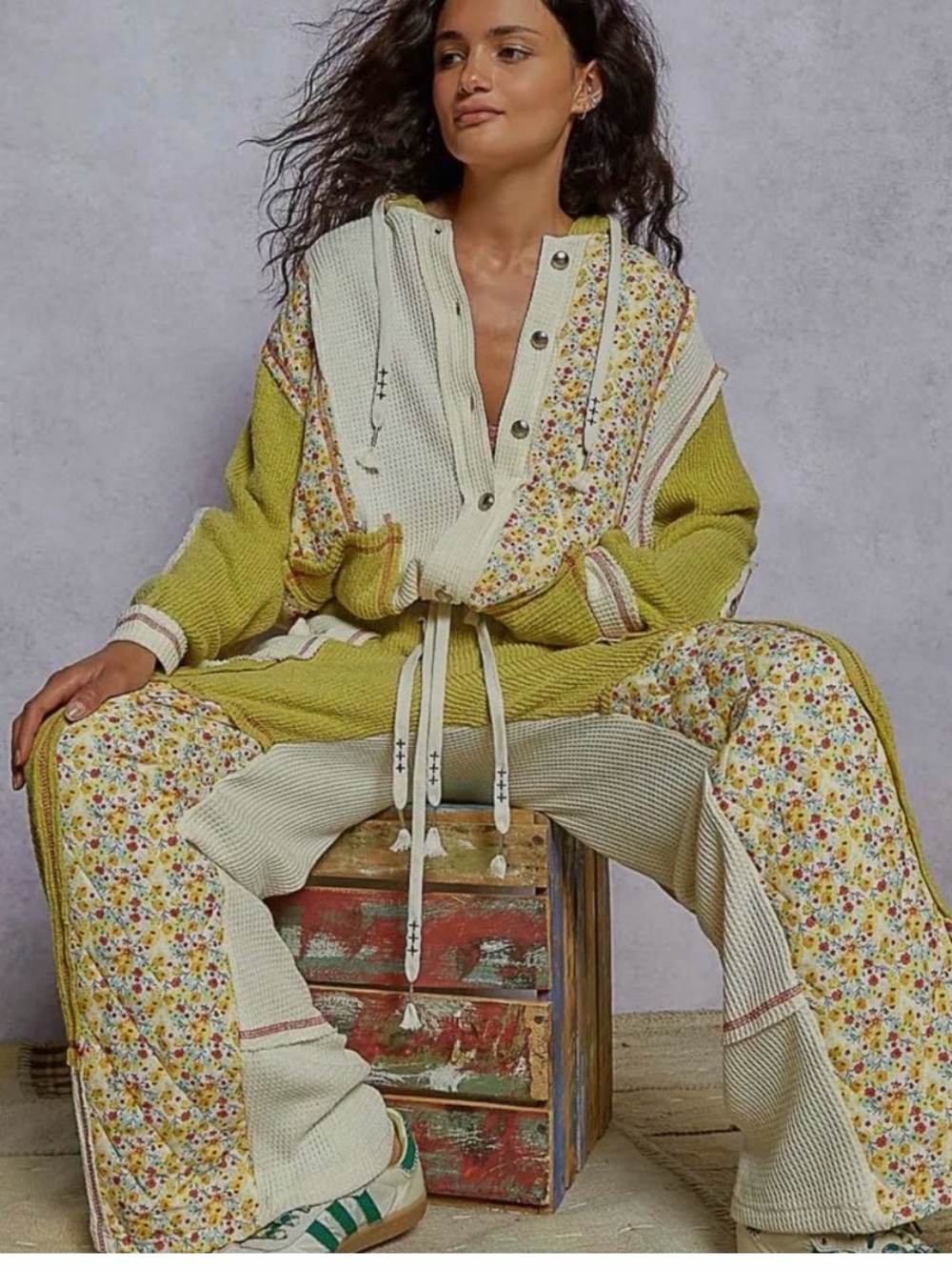 POL Matching Green Floral Patchwork Jacket & Cargo Pants 2-Piece Set Size Smal